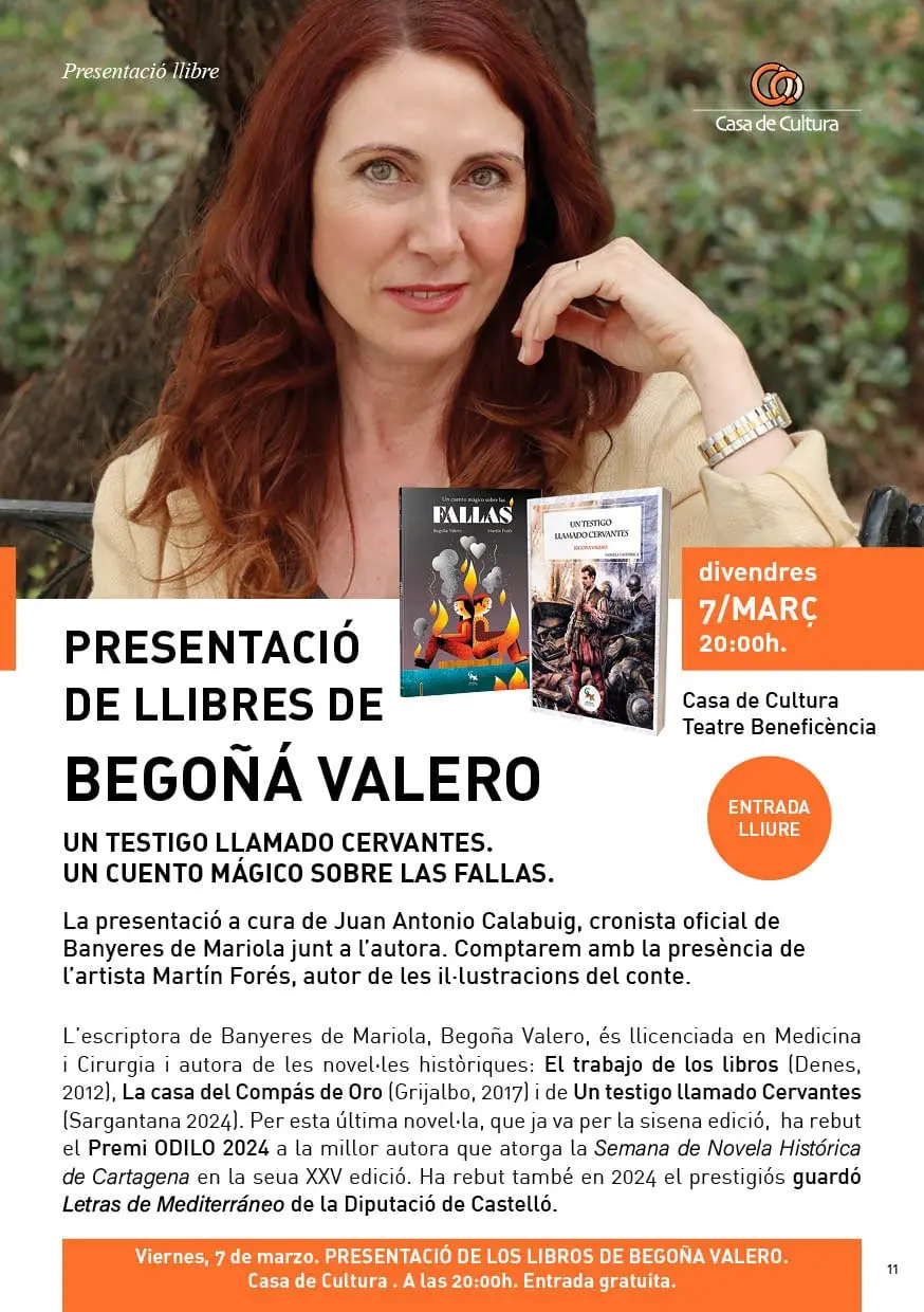 Begoña Valero celebra el Día Internacional de la Mujer en Banyeres de Mariola (Alicante) con la presentación de su premiada novela UN TESTIGO LLAMADO CERVANTES (foto 1)